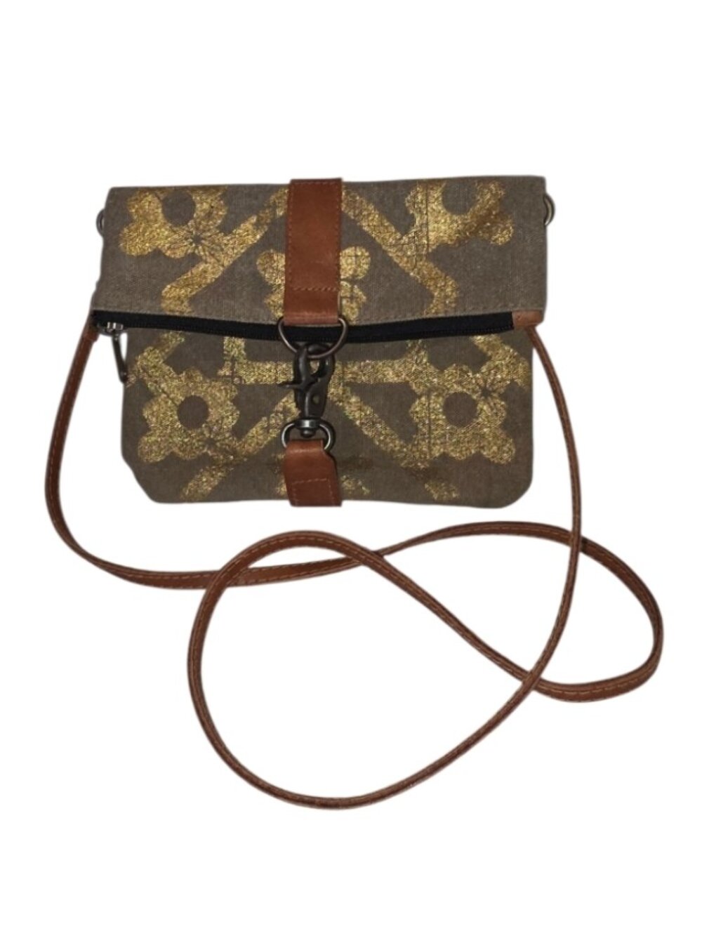 Mona B Mosaic Foldover Crossbody Bag Purse Claw Clasp Gold Floral Boho Aztec